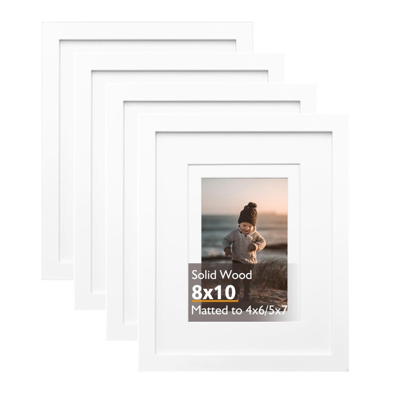 KINLINK 8x10 Picture Frame White, Solid Wood Frames with Acrylic Plexiglass for Pictures 4x6/5x7 with Mat or 8x10 without Mat, Tabletop and Wall Display, Set of 4 - Image 1
